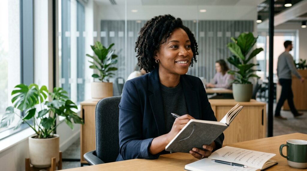 Vertriebsverantwortliche Person in moderner Büroszene als Metapher für planbare Entscheider-Termine