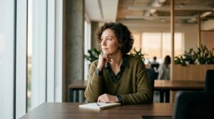 Vertriebsverantwortliche Person in ruhiger Büroszene als Metapher für strukturierten Outbound ohne Burnout