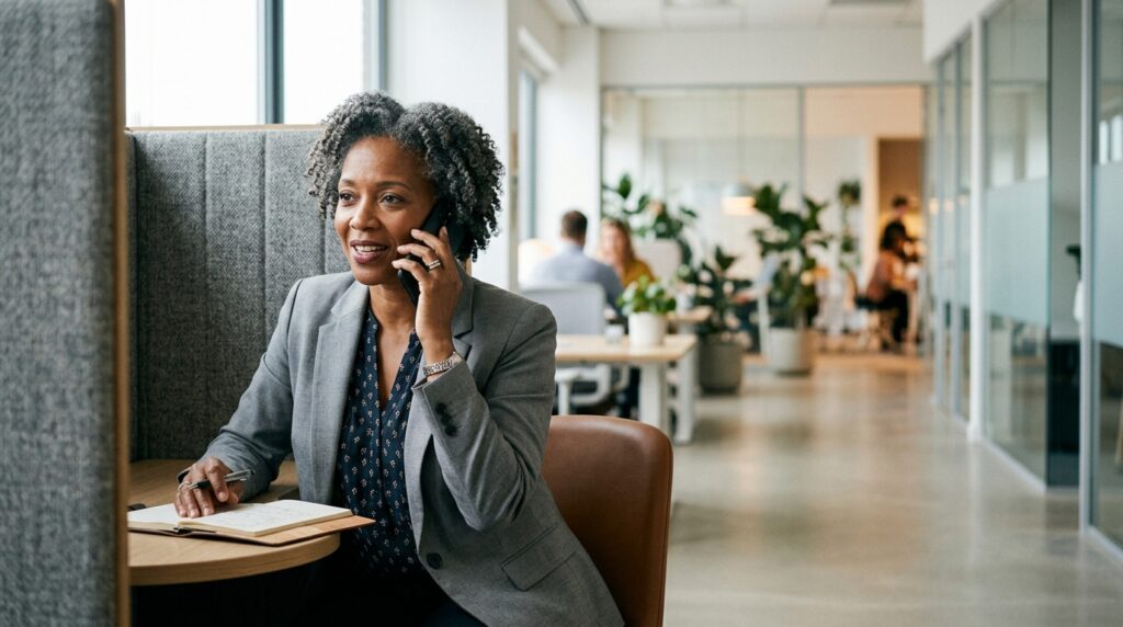 Vertriebsprofessionelle Person in Büroszene als Metapher für planbare Terminbestätigung bei Wunschkunden