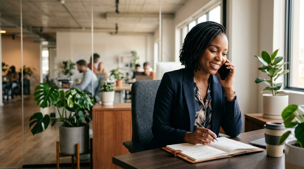 Vertriebsprofessionelle Person in Büroszene als Metapher für verbindliche Terminbestätigung im B2B