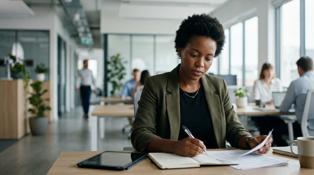 Vertriebsprofessionelle Person in Büroszene als Metapher für qualifizierte Entscheider-Auswahl im Vertrieb