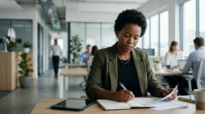 Vertriebsprofessionelle Person in Büroszene als Metapher für qualifizierte Entscheider-Auswahl im Vertrieb