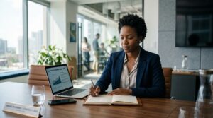 Vertriebsprofessionelle Person in Büroszene als Metapher für Vorbereitung planbarer Umsatzgespräche im B2B