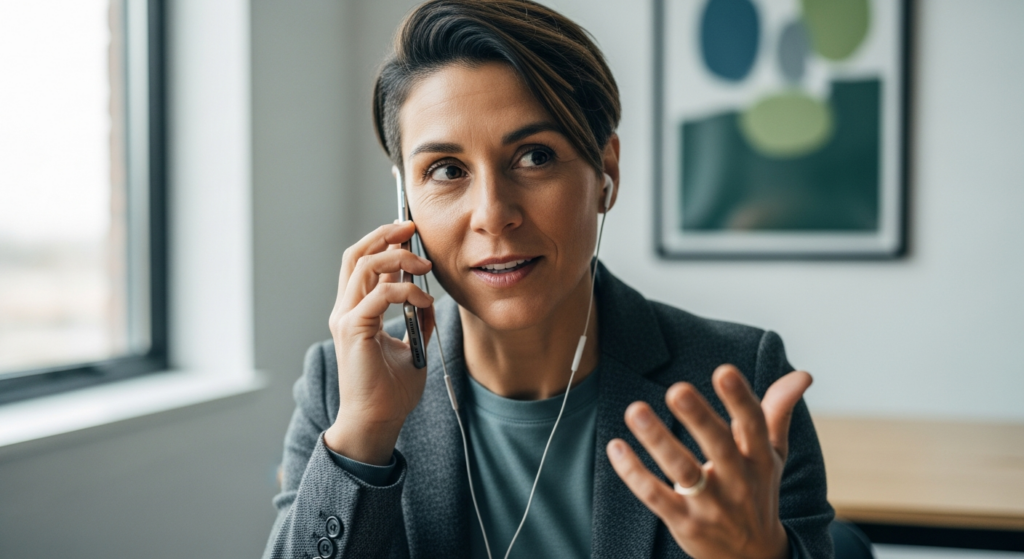 Vertriebsprofi bestätigt fokussiert einen relevanten Entscheidertermin in ruhiger B2B-Atmosphäre