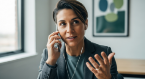 Vertriebsprofi bestätigt fokussiert einen relevanten Entscheidertermin in ruhiger B2B-Atmosphäre