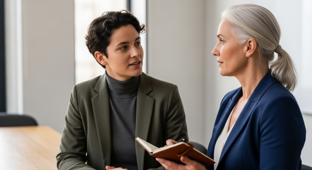 Zwei Kolleginnen bereiten fokussiert ein relevantes Entscheidergespräch in ruhiger B2B-Atmosphäre vor