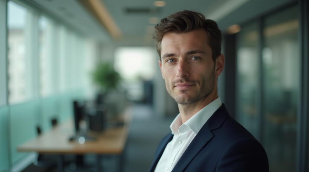 Photorealistische B2B-Szene: Portrait im Office-Corner, keine Hände, kein Text