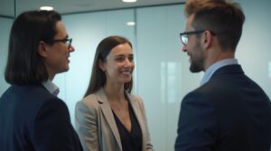 Photorealistische B2B-Szene: Standup-Strategiegespräch (waist-up), Hände nicht sichtbar, kein Text