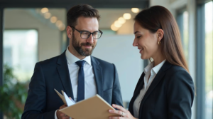 Photorealistische B2B-Szene: Vertriebsteam im Gespräch