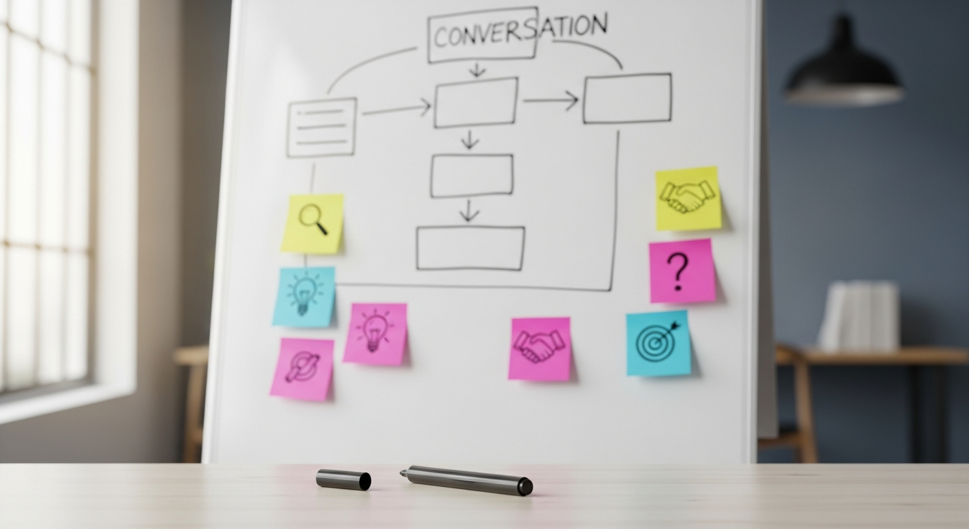 Symbolbild für Gesprächsleitfaden: Whiteboard-Flow, Sticky Notes und Marker