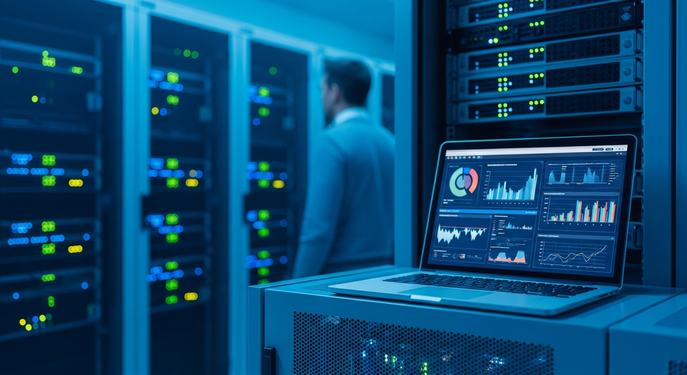 Symbolbild für E-Mail-Deliverability: Server-Rack und unscharfes Analytics-Dashboard