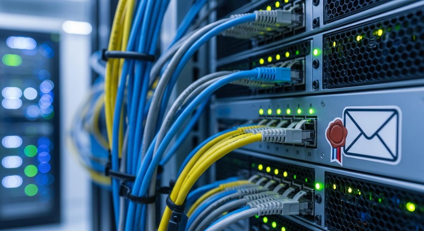 Symbolbild für SPF: Server-Rack, Netzwerkkabel und sichere Mail