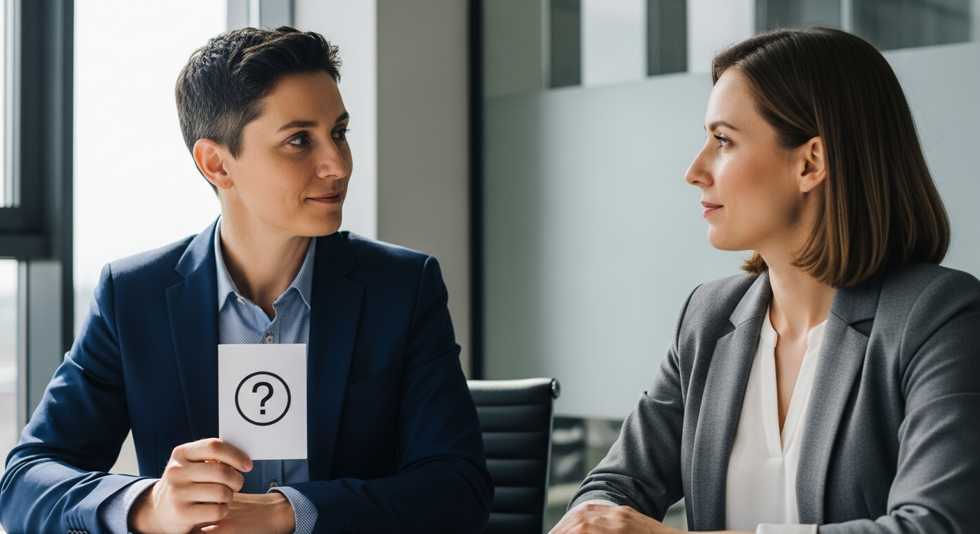 Symbolbild für Einwandbehandlung: Gesprächsszene mit Fragezeichen-Karte