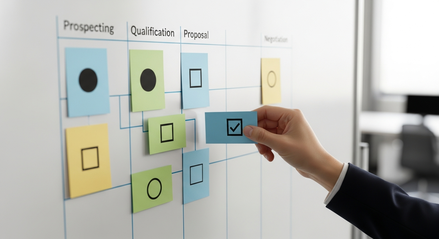 Symbolbild für Pipeline-Management: Kanban-Board mit Karten und Icons