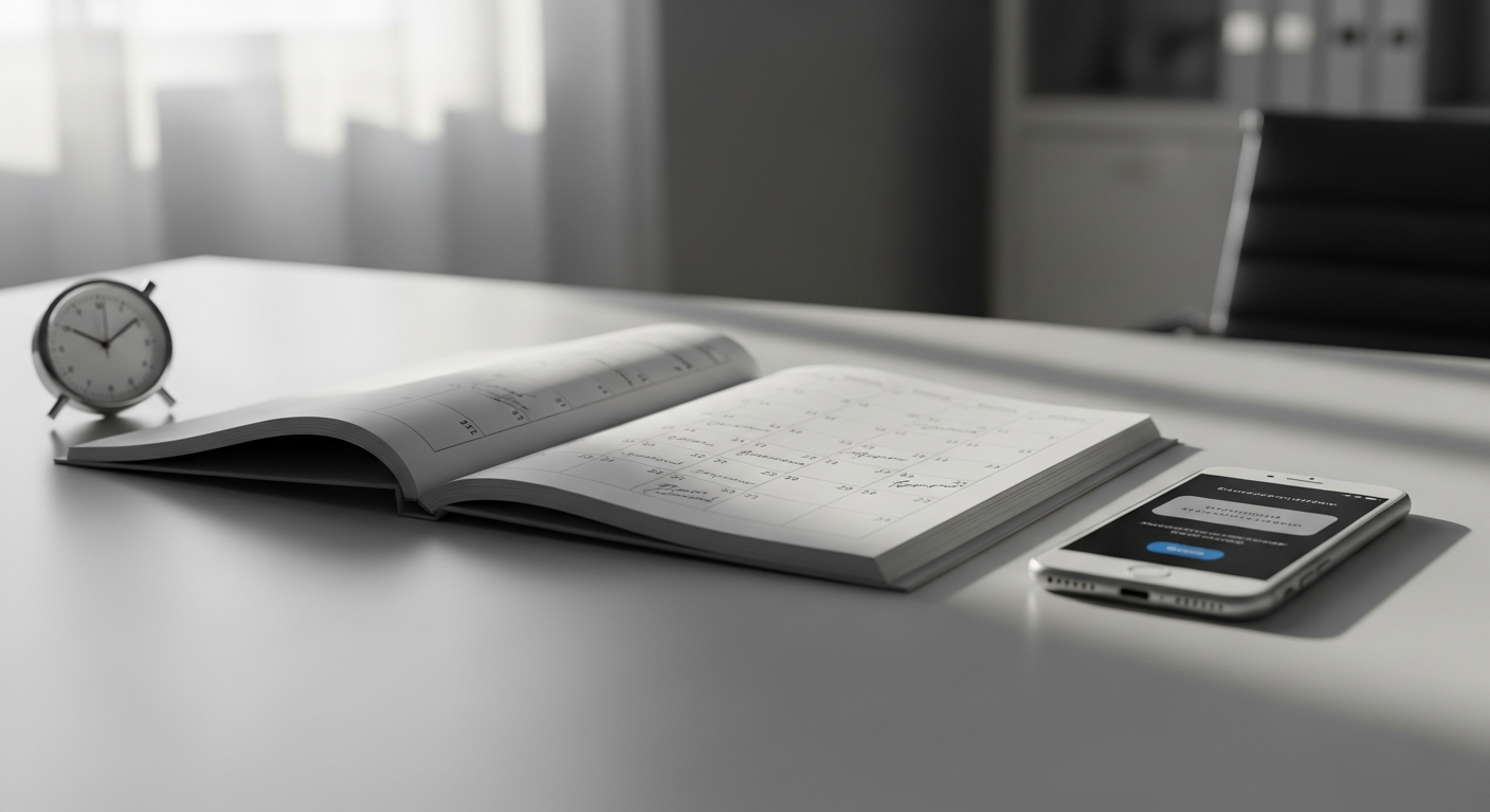 Symbolbild für Termin-Reminder: Kalender, Smartphone-Benachrichtigung und Uhr