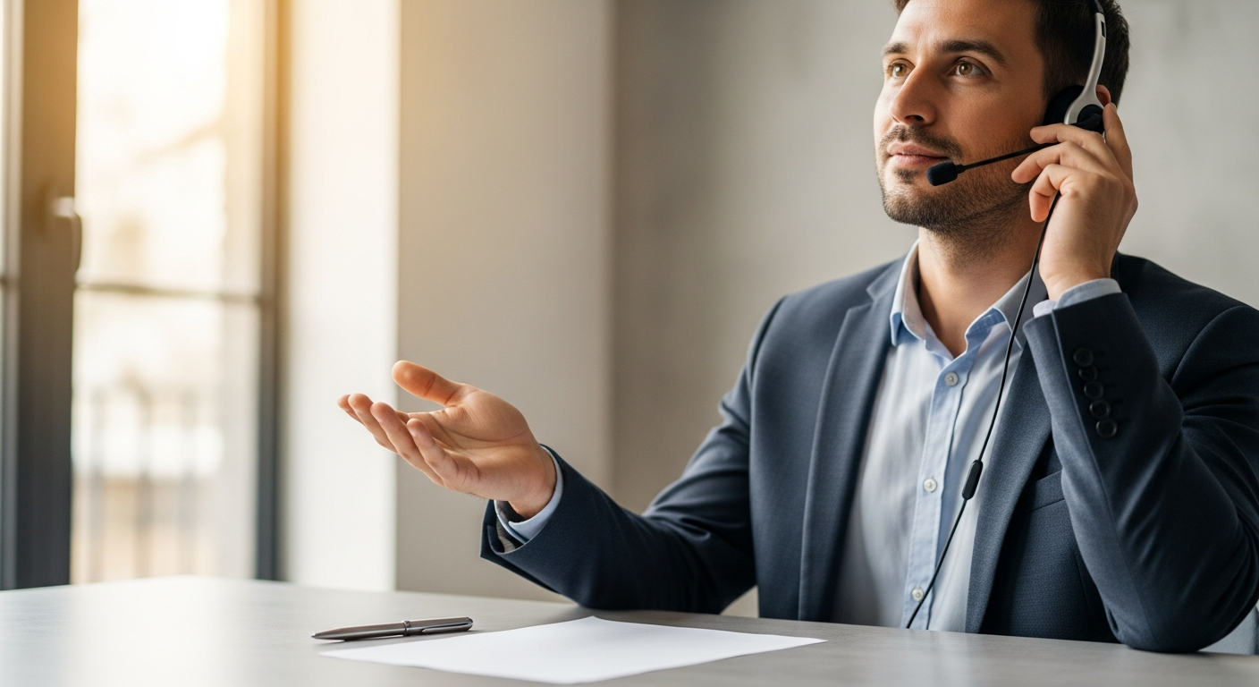 Symbolbild Einwand Kein Interesse: Gespräch am Telefon mit ruhiger, professioneller Einordnung, ohne lesbaren Text.